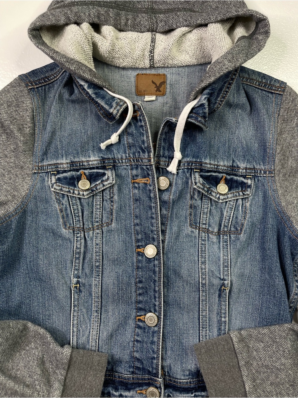 American Eagle Hooded Mixed Media Denim Trucker Jacket Large
